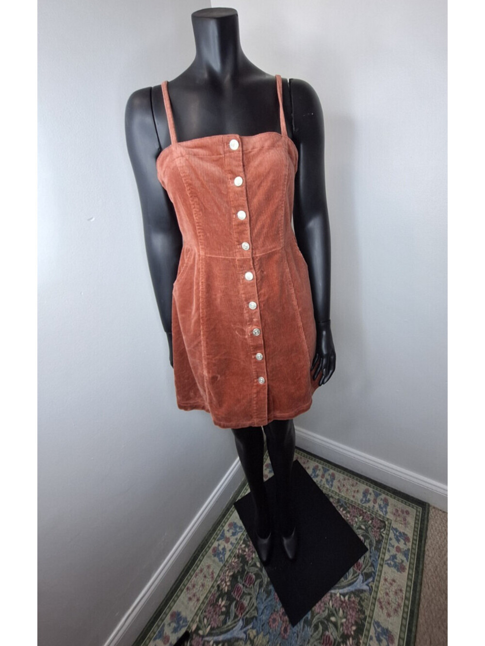 Corduroy Button Front Overalls Terracotta Mini Dress 90s Y2K Boho Cottagecore